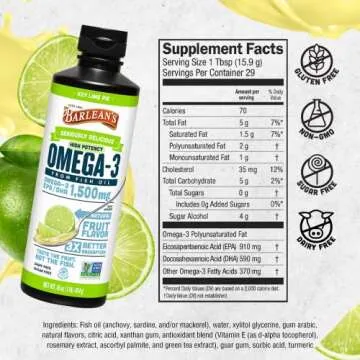 Barlean's Key Lime Pie High Potency Omega 3 Fish Oil Liquid Supplement, 1500mg of EPA & DHA Fatty Acid, Smoothie Flavored & Burpless for Brain, Joint, & Heart Health, 16 oz