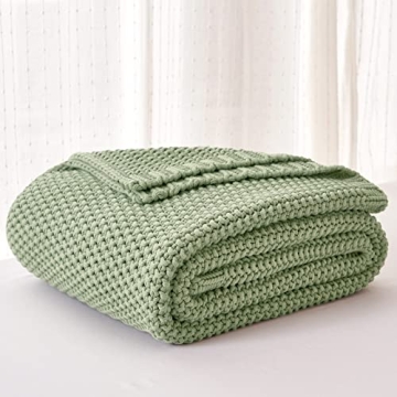 Chunky Cable Knit Throw Blanket Lightweight Light Green 100% Organic Cotton Blanket for Sofa Couch Bed Baby Nursery, Rustic Shabby Chic Modern Farmhouse, 51” x 63” Bonus Laundering Bag