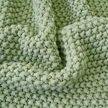 Chunky Cable Knit Throw Blanket Lightweight Light Green 100% Organic Cotton Blanket for Sofa Couch Bed Baby Nursery, Rustic Shabby Chic Modern Farmhouse, 51” x 63” Bonus Laundering Bag