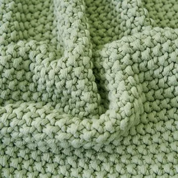Chunky Cable Knit Throw Blanket Lightweight Light Green 100% Organic Cotton Blanket for Sofa Couch Bed Baby Nursery, Rustic Shabby Chic Modern Farmhouse, 51” x 63” Bonus Laundering Bag