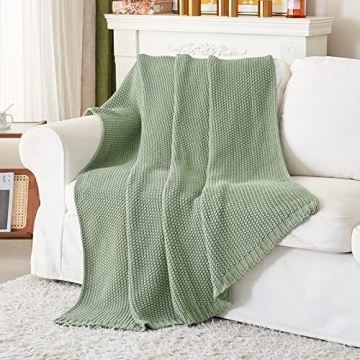 Chunky Cable Knit Throw Blanket Lightweight Light Green 100% Organic Cotton Blanket for Sofa Couch Bed Baby Nursery, Rustic Shabby Chic Modern Farmhouse, 51” x 63” Bonus Laundering Bag