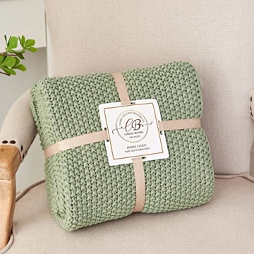 Chunky Cable Knit Throw Blanket Lightweight Light Green 100% Organic Cotton Blanket for Sofa Couch Bed Baby Nursery, Rustic Shabby Chic Modern Farmhouse, 51” x 63” Bonus Laundering Bag