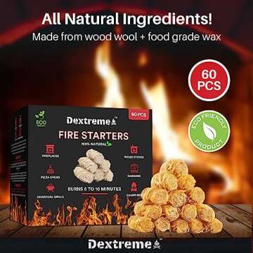 Dextreme Fire Starter (60 PCS) Natural Fire Starters for Campfire, Charcoal Starter, Fireplace, Wood Stove, BBQ, Chimney, Fire Pit, and Grill | All Weather, Odorless, Non-Toxic, w/10 Min Burning Time