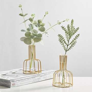 2 Pcs Gold Flower Vase with Metal Frame, Clear Glass Test Tube Vases Decorative, Small Bud Vases Gif...