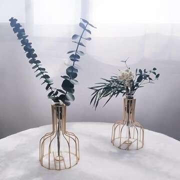 2 Pcs Gold Flower Vase with Metal Frame, Clear Glass Test Tube Vases Decorative, Small Bud Vases Gifts use for Wedding Decoration Table Flower Decoration Interior Decoration Living Room Decoration