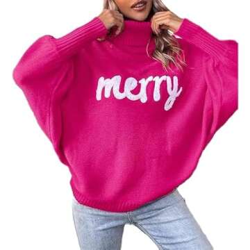 Women Merry Christmas Sweater 2024 Funny Holiday Knitted Sweaters Oversized Turtleneck Batwing Sleev...