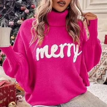 Women Merry Christmas Sweater 2024 Funny Holiday Knitted Sweaters Oversized Turtleneck Batwing Sleeve Xmas Pullover Tops Pink