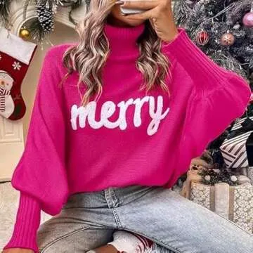 Women Merry Christmas Sweater 2024 Funny Holiday Knitted Sweaters Oversized Turtleneck Batwing Sleeve Xmas Pullover Tops Pink