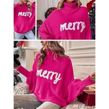 Women Merry Christmas Sweater 2024 Funny Holiday Knitted Sweaters Oversized Turtleneck Batwing Sleeve Xmas Pullover Tops Pink