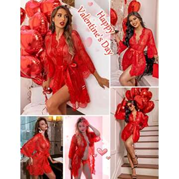 Avidlove Women's Lace Kimono Robe Babydoll Lingerie Mesh Nightgown teddy lingerie Red L