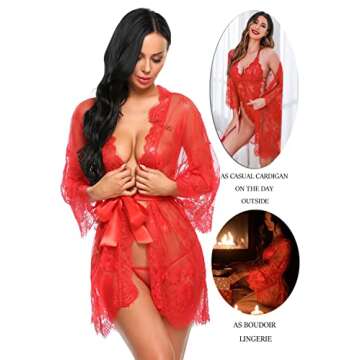 Avidlove Women's Lace Kimono Robe Babydoll Lingerie Mesh Nightgown teddy lingerie Red L
