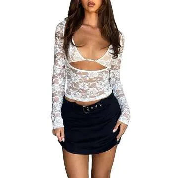 Women Y2k Lace Long Sleeve Top See Through Mesh Crop Top Floral Slim Fit Layering Top Tee Shirts Blo...