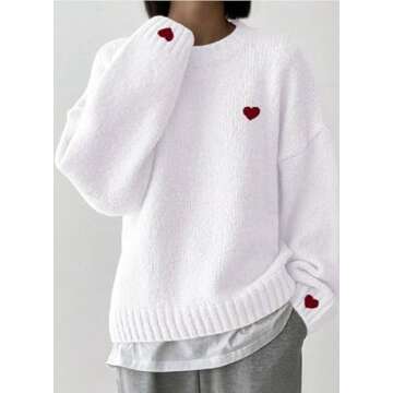 Women's Red Heart Print Sweater Casual Loose Fit Knitted Pullover Trendy Fashion Winter Crew Neck To...