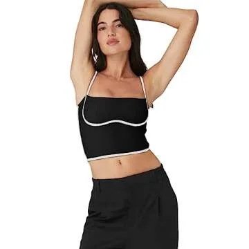 Cyanstyle Square Neck Tank Tops for Women Yoga Long Lined Sports Bra Padded Workout Crop Top Fitness Black Large