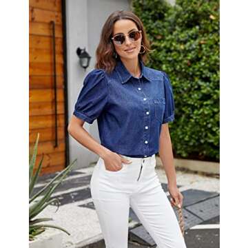 BMJL Womens Denim Shirt Business Casual Button Down Work Blouses Puff Sleeve Summer Tops Dark Blue