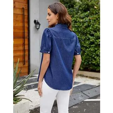 BMJL Womens Denim Shirt Business Casual Button Down Work Blouses Puff Sleeve Summer Tops Dark Blue