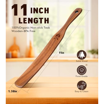 Skinny Spurtle for Sourdough Starter, Mixing, Reaching Bottom of Jar, Dough Whisk, Natural from High Moist Resistance Teak, Spurtles Kitchen Tools Wooden Kitchen Utensils for NonStick Cookware