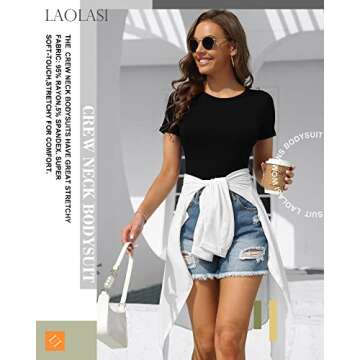 LAOLASI Women's Round Neck Short Sleeves Slim Fit Casual Body Suit Sexy Basic Bodysuit T Shirts Tops, Black 02, Medium