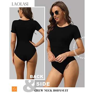 LAOLASI Women's Round Neck Short Sleeves Slim Fit Casual Body Suit Sexy Basic Bodysuit T Shirts Tops, Black 02, Medium
