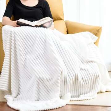 Vessia Flannel Fleece White Throw Blanket(50X70 Inch), Lightweight Warm and Soft Stripe Couch Blanke...