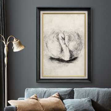 SIGNWIN Premium Frame Art Vintage Retro Forest Lake Swan Bird Portrait Animals Wilderness Illustrations Fine Art Wildlife Relax/Calm Sepia Duotone for Living Room, Bedroom, Office - 26"x36" Black