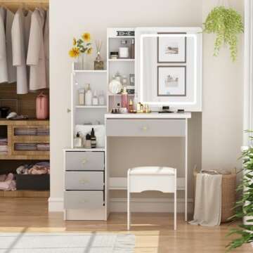 FAMAPY Vanity Desk with Mirror and Lights, Vanity Makeup Desk with Sliding Lighted Mirror, Vanity Mirror Makeup Desk with Cushion Stool, Drawers and Shelves, White and Grey