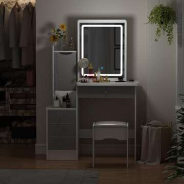 FAMAPY Vanity Desk with Mirror and Lights, Vanity Makeup Desk with Sliding Lighted Mirror, Vanity Mirror Makeup Desk with Cushion Stool, Drawers and Shelves, White and Grey