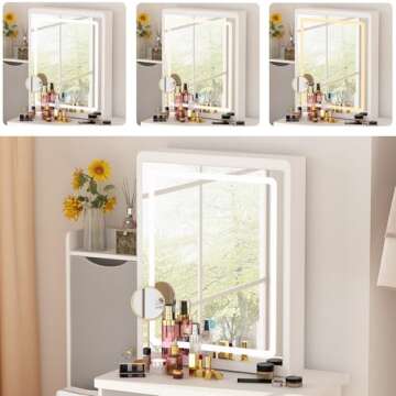 FAMAPY Vanity Desk with Mirror and Lights, Vanity Makeup Desk with Sliding Lighted Mirror, Vanity Mirror Makeup Desk with Cushion Stool, Drawers and Shelves, White and Grey