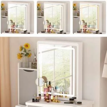 FAMAPY Vanity Desk with Mirror and Lights, Vanity Makeup Desk with Sliding Lighted Mirror, Vanity Mirror Makeup Desk with Cushion Stool, Drawers and Shelves, White and Grey