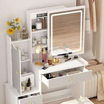 FAMAPY Vanity Desk with Mirror and Lights, Vanity Makeup Desk with Sliding Lighted Mirror, Vanity Mirror Makeup Desk with Cushion Stool, Drawers and Shelves, White and Grey