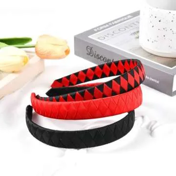 DEEKA 3 PCS Woven Headband Uniform Headband Hair Accessories Grosgrain Ribbon Weaved Hair Band for Women Girls Teens Football Softball Cheer Sports (Black&Red)