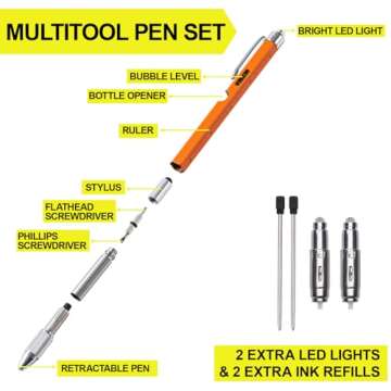 Gifts for Men Dad Him, 9 in 1 Multitool Pen Set with LED, Stylus, Level, Screwdriver, Flathead, Valentines Day Gifts for Men Gifts for Dad, Birthday Gifts for Men, Him, Husband, Father, Orange