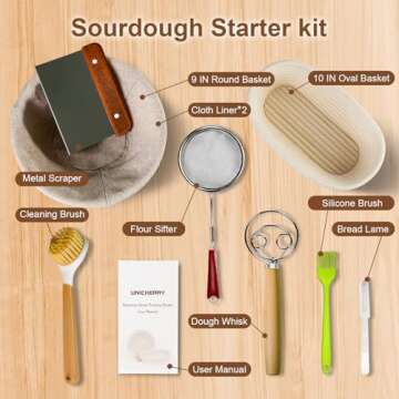 Unicherry Banneton Bread Proofing Basket Set, 9-inch Round & 10-inch Oval Sourdough Proofing Basket with 6 Baking Tools, Sourdough Starter Kit for Professional and Home Baking, Perfect Holiday Gifts