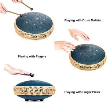 HOPWELL Steel Tongue Drum - 15 Note 12 Inch Tongue Drums - Percussion Instruments - Hand Pan Drum with Music Book, Drum Mallets and Carry Bag, D Major, Navy Blue