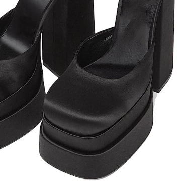 VIMISAOI Black Chunky Heels for Women with Rhinestones