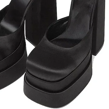 VIMISAOI Black Chunky Heels for Women with Rhinestones