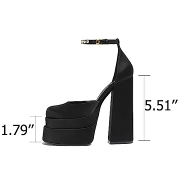VIMISAOI Black Chunky Heels for Women with Rhinestones