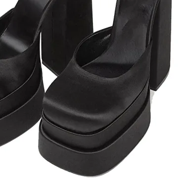 VIMISAOI Black Chunky Heels for Women with Rhinestones