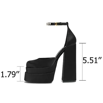 VIMISAOI Black Chunky Heels for Women with Rhinestones