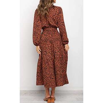 R.Vivimos Women's Long Sleeve Casual Wrap Midi Dress with Polka Dots & Leopard Print