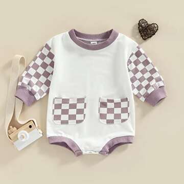 Thilsidee Newborn Boy Girl Checkerboard Plaid Bodysuit One Piece Romper Outfit Long Sleeve Jumpsuit Fall Winter Clothes 0-24M(B-Light purple,6-12 Months)