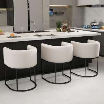 Modern Counter Height Linen Fabric Upholstered Counter Stools Set of 3, 24 inch Kitchen Island Stool with Black Tubular Frame, Cream