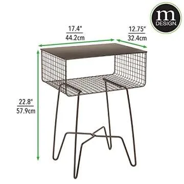 Rustic Steel Side Table with Storage Basket for Bedroom