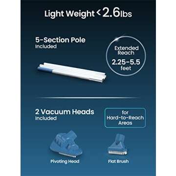 KOKIDO 2024 Rechargeable Handheld Pool Vacuum Set with Adjustable Pole and 2 Interchangeable Brush Heads, for Above Ground Pool, Hot Tub, Spa and Small Pools to 20ft, Cordless, Spot Clean XTROVAC 110