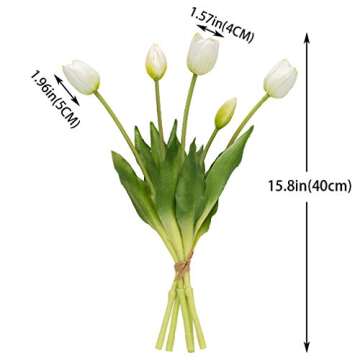 DUYONE 15pcs Artificial Tulips Flowers, Real Touch Latex Bouquet, Fake Tulips for Office Wedding Party Home Kitchen Garden Decoration(White,15pcs)
