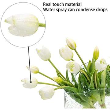 DUYONE 15pcs Artificial Tulips Flowers, Real Touch Latex Bouquet, Fake Tulips for Office Wedding Party Home Kitchen Garden Decoration(White,15pcs)