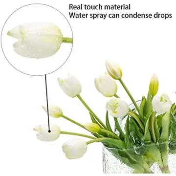 DUYONE 15pcs Artificial Tulips Flowers, Real Touch Latex Bouquet, Fake Tulips for Office Wedding Party Home Kitchen Garden Decoration(White,15pcs)