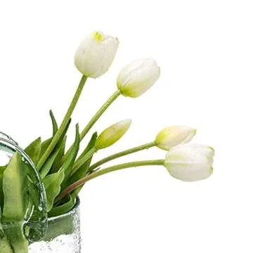 DUYONE 15pcs Artificial Tulips Flowers, Real Touch Latex Bouquet, Fake Tulips for Office Wedding Party Home Kitchen Garden Decoration(White,15pcs)