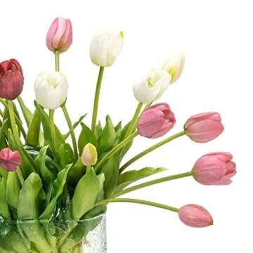 DUYONE 15pcs Artificial Tulips Flowers, Real Touch Latex Bouquet, Fake Tulips for Office Wedding Party Home Kitchen Garden Decoration(White,15pcs)