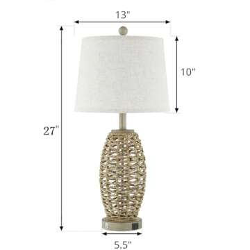 27” Natural Rattan Table Lamps Set of 2,Touch Switch,3-Way Dimmable Bedside Lamps, with A+C USB Ch...